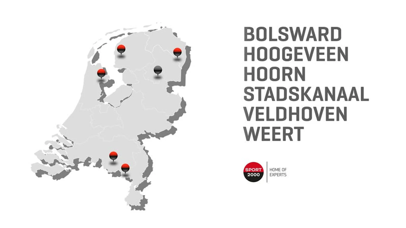 Kaart van Nederland met de Sport 2000 winkels in Bolsward, Hoogeveen, Hoorn, Stadskanaal, Veldhoven en Weert